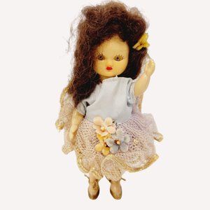 Vtg Virga Blue Eyes Brown Hair Floral Gold Trim Dress Pink Bow Gold Shoes Doll